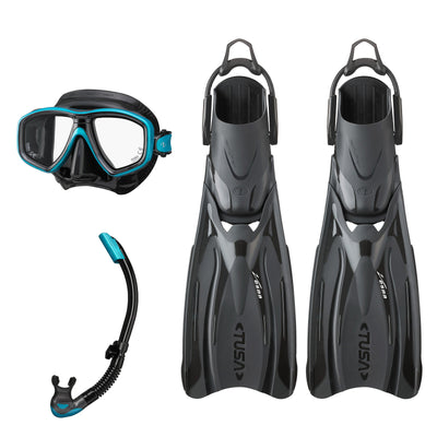 Tusa Freedom Ceos mask and Platina II snorkel in black and turquoise, with Hyflex Vesna fins in black