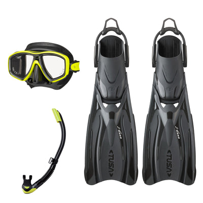 Tusa Freedom Ceos mask and Platina II snorkel in black and yellow, with Hyflex Vesna fins in black
