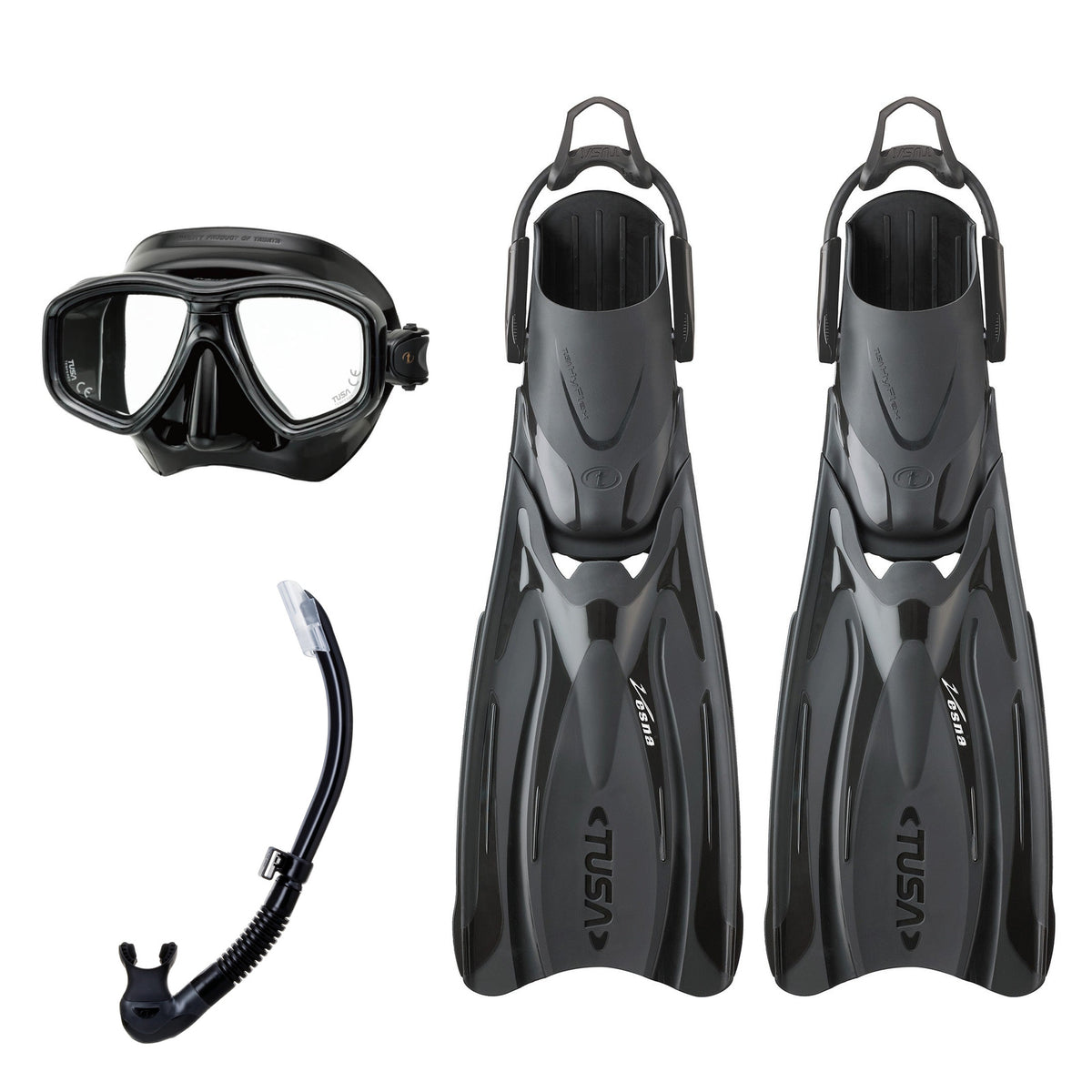 Tusa Freedom Ceos mask and Platina II snorkel in black, with Hyflex Vesna fins in black