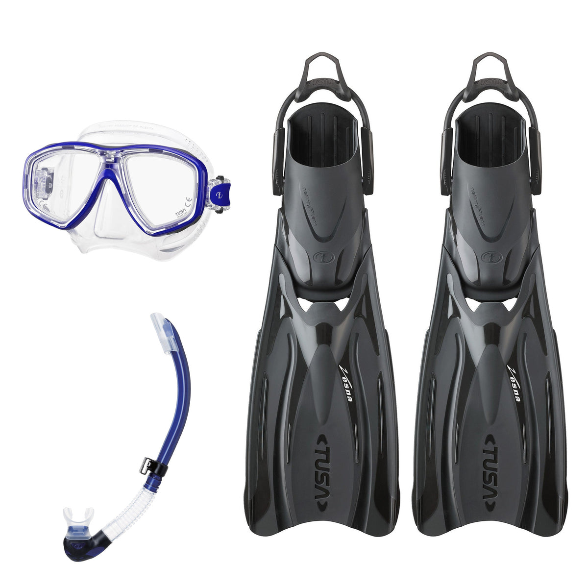 Tusa Freedom Ceos mask and Platina II snorkel in clear and blue, with Hyflex Vesna fins in black