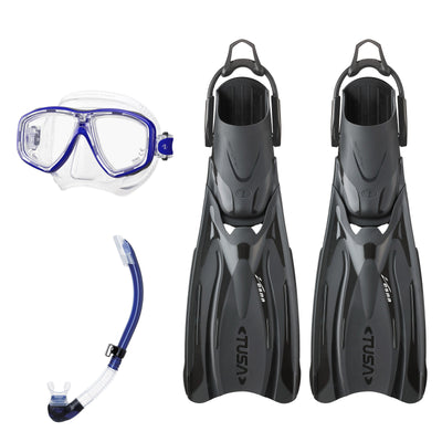 Tusa Freedom Ceos mask and Platina II snorkel in clear and blue, with Hyflex Vesna fins in black
