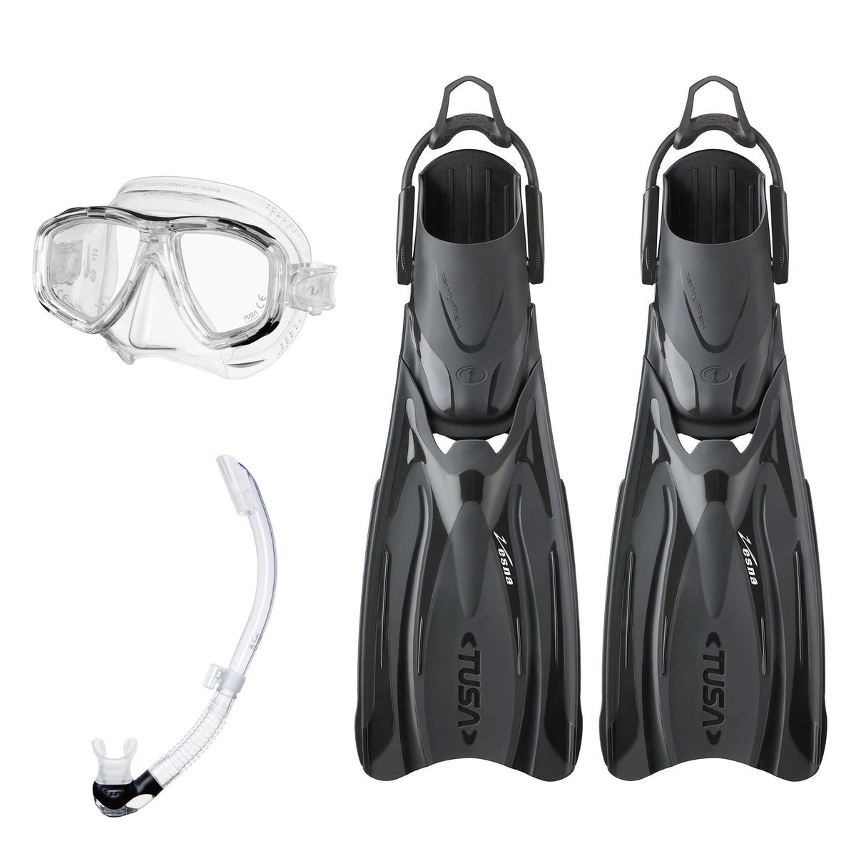 Tusa Freedom Ceos mask and Platina II snorkel in clear, with Hyflex Vesna fins in black