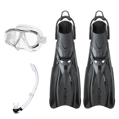 Tusa Freedom Ceos mask and Platina II snorkel in clear, with Hyflex Vesna fins in black