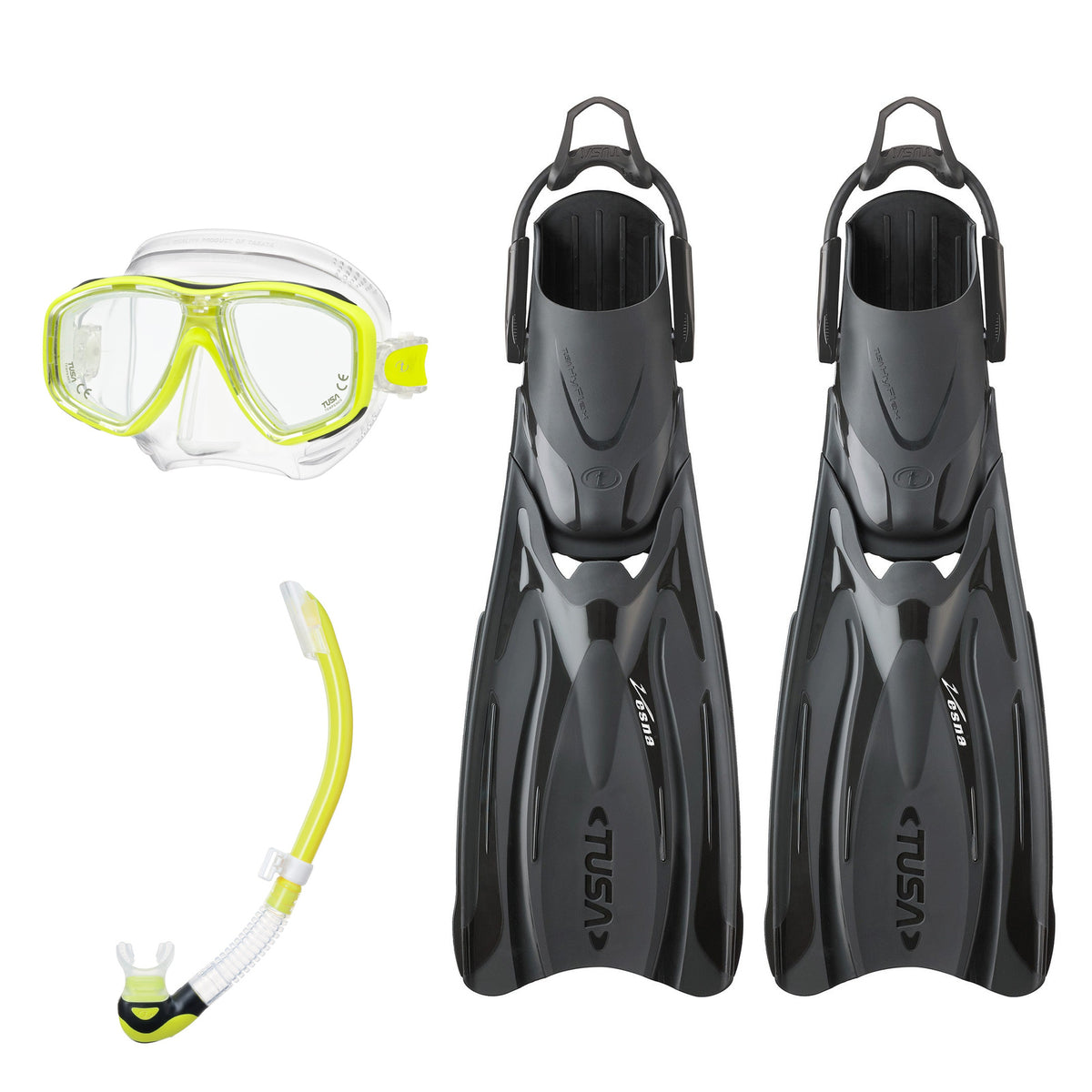 Tusa Freedom Ceos mask and Platina II snorkel in clear and yellow, with Hyflex Vesna fins in black