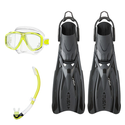 Tusa Freedom Ceos mask and Platina II snorkel in clear and yellow, with Hyflex Vesna fins in black