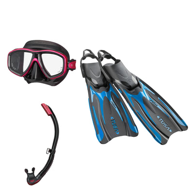Tusa Freedom Ceos mask and Platina II snorkel in black and pink, with Hyflex Vesna fins in bright blue