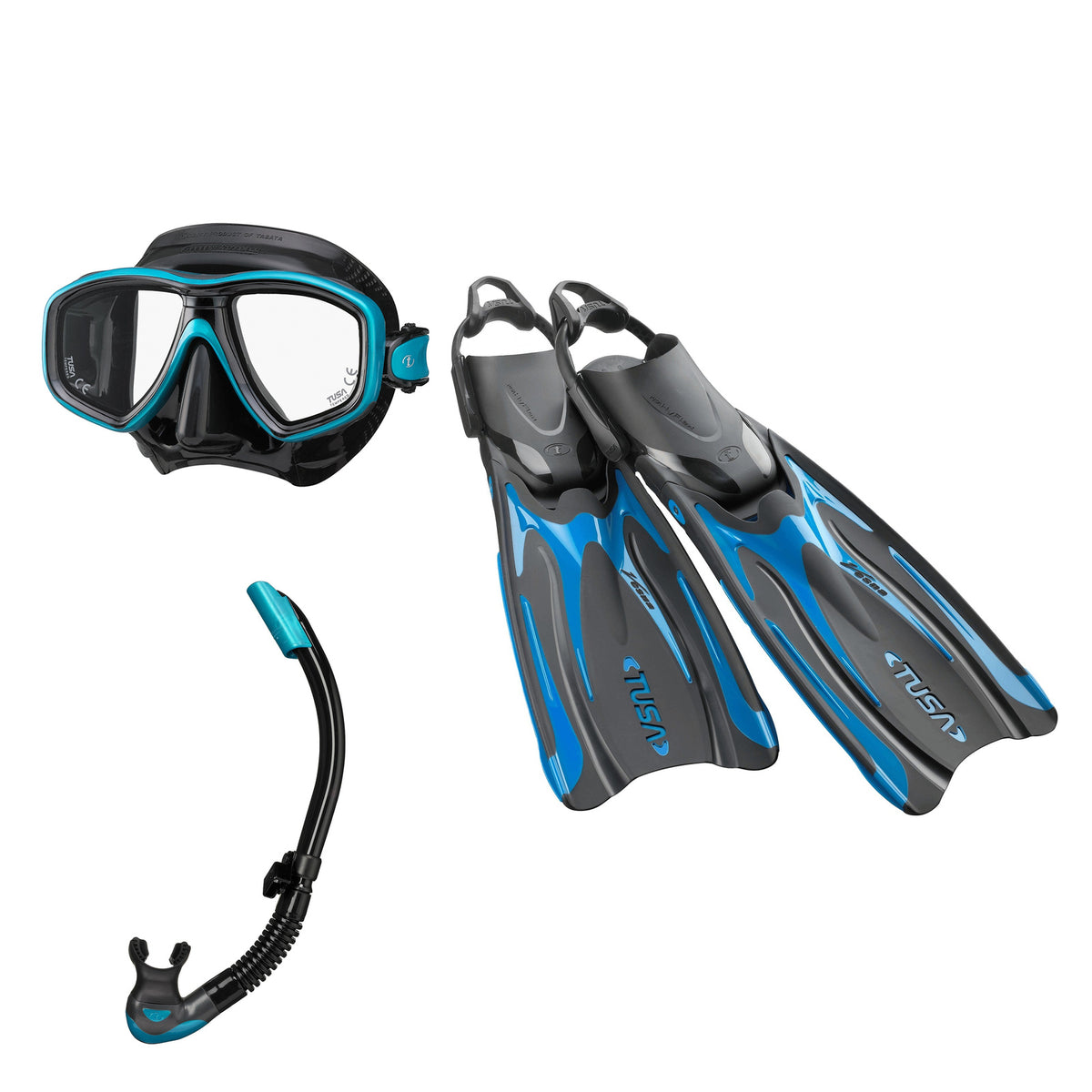 Tusa Freedom Ceos mask and Platina II snorkel in black and turquoise, with Hyflex Vesna fins in bright blue