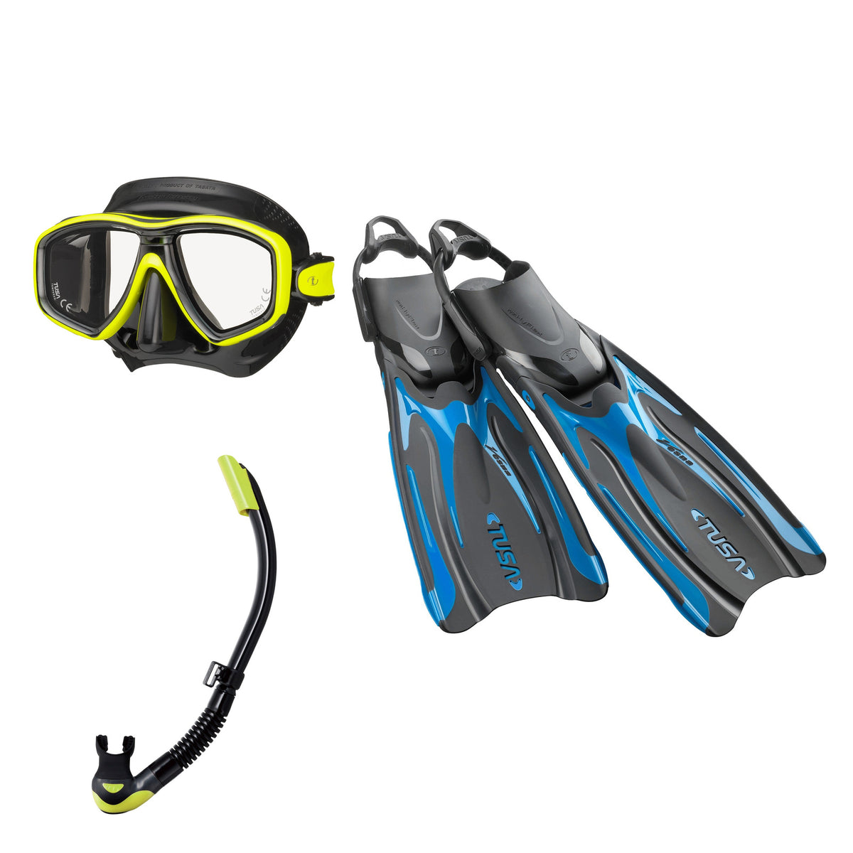 Tusa Freedom Ceos mask and Platina II snorkel in black and yellow, with Hyflex Vesna fins in bright blue