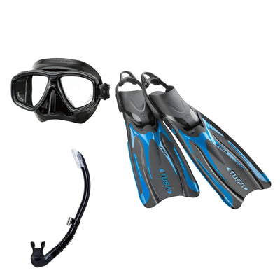 Tusa Freedom Ceos mask and Platina II snorkel in black, with Hyflex Vesna fins in bright blue