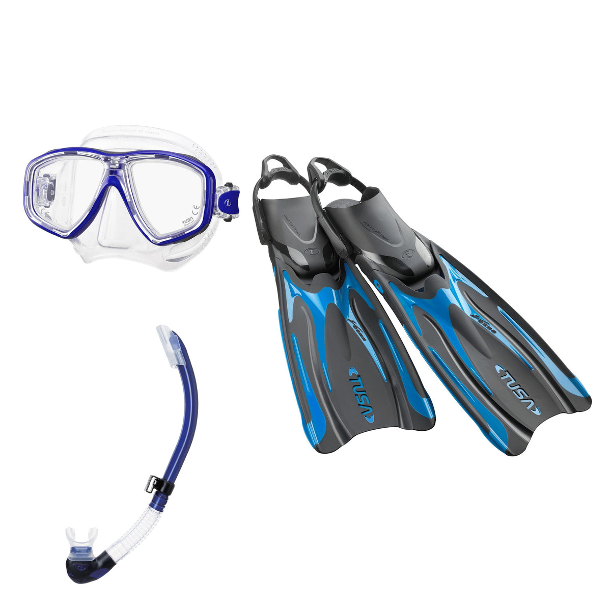 Tusa Freedom Ceos mask and Platina II snorkel in clear and blue, with Hyflex Vesna fins in bright blue