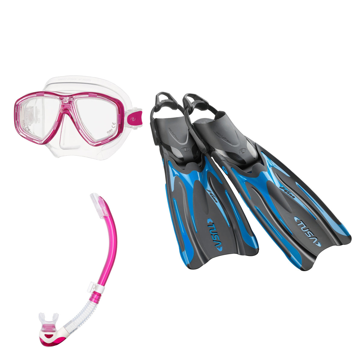 Tusa Freedom Ceos mask and Platina II snorkel in clear and pink, with Hyflex Vesna fins in bright blue
