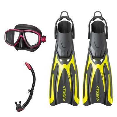 Tusa Freedom Ceos mask and Platina II snorkel in black and pink, with Hyflex Vesna fins in yellow