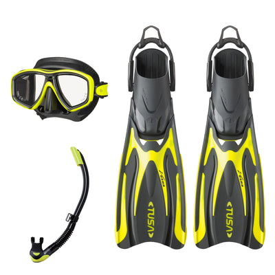 Tusa Freedom Ceos mask and Platina II snorkel in black and yellow, with Hyflex Vesna fins in yellow