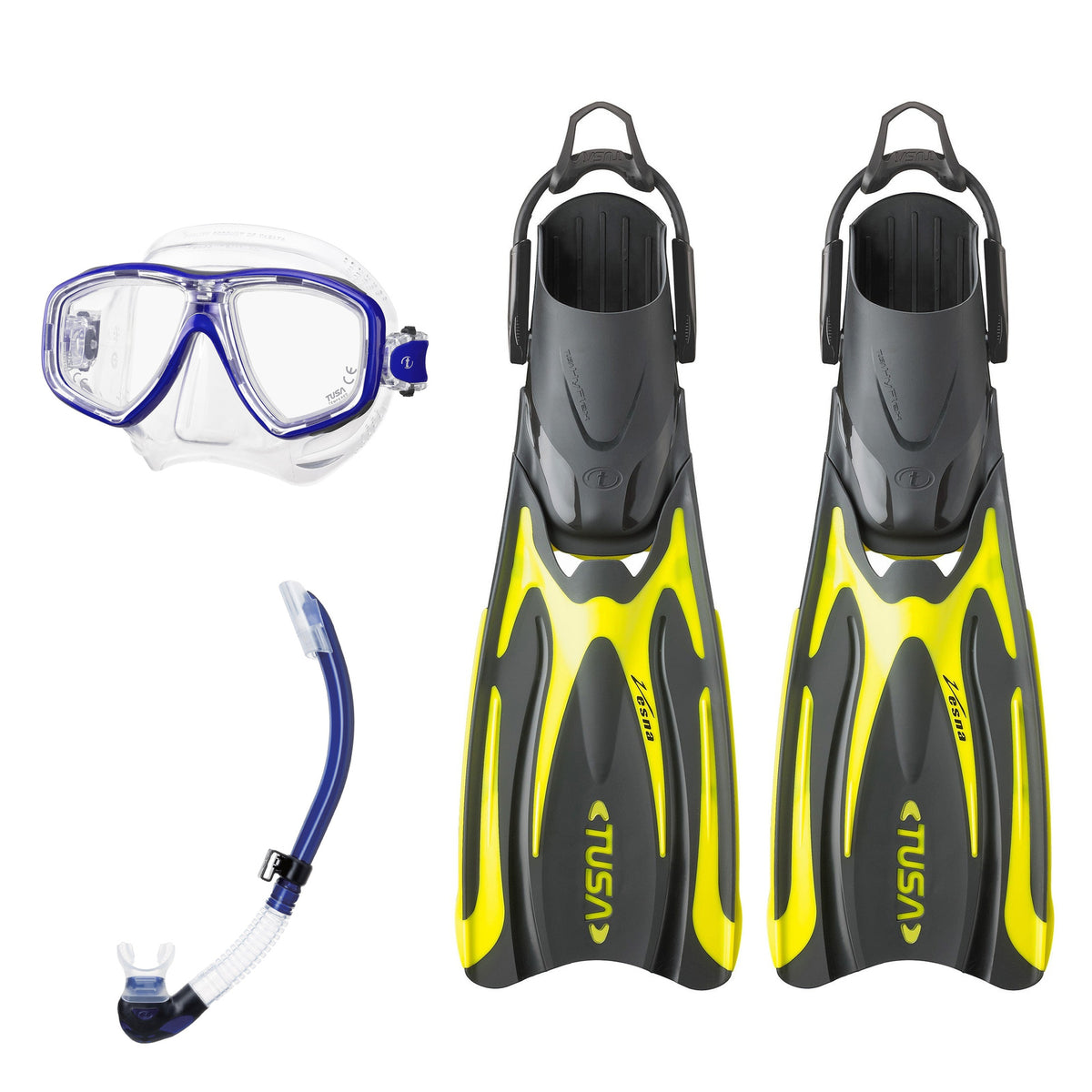 Tusa Freedom Ceos mask and Platina II snorkel in clear and blue, with Hyflex Vesna fins in yellow