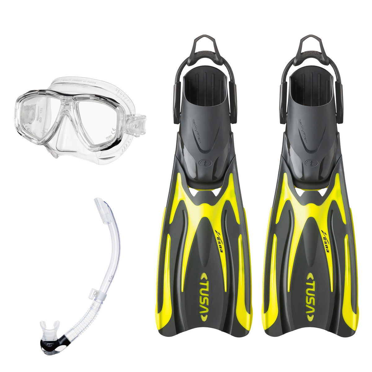 Tusa Freedom Ceos mask and Platina II snorkel in clear, with Hyflex Vesna fins in yellow