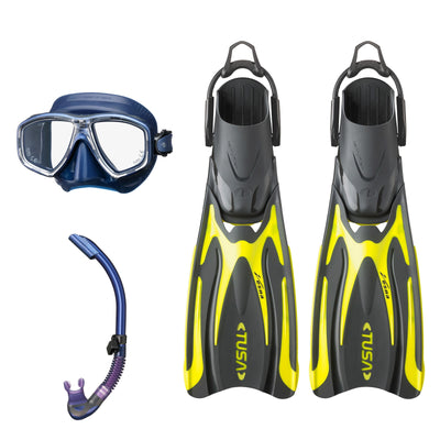 Tusa Freedom Ceos mask and Platina II snorkel in navy, with Hyflex Vesna fins in yellow