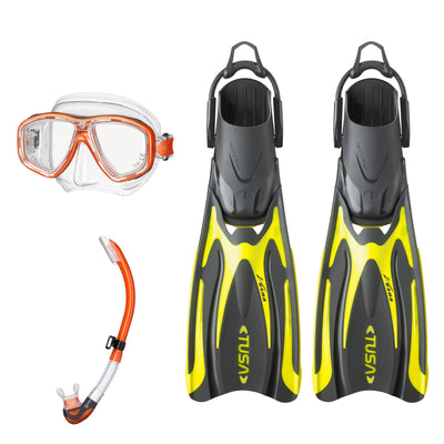 Tusa Freedom Ceos mask and Platina II snorkel in clear and orange, with Hyflex Vesna fins in yellow