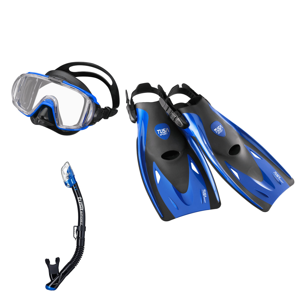 Tusa Visio Tri-Ex mask, Hyperdry Elite dry snorkel and snorkelling fins, black with blue