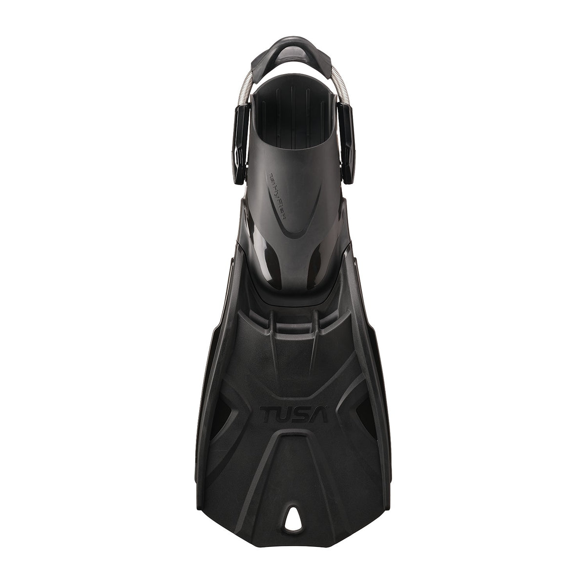 Pair of black Tusa Hyflex Tri-Force fins with short, wide blades
