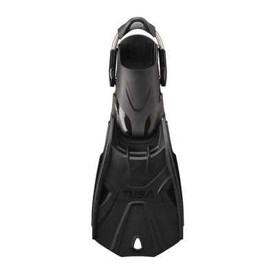 Single black Tusa Hyflex Tri-Force fin showing the three vent holes