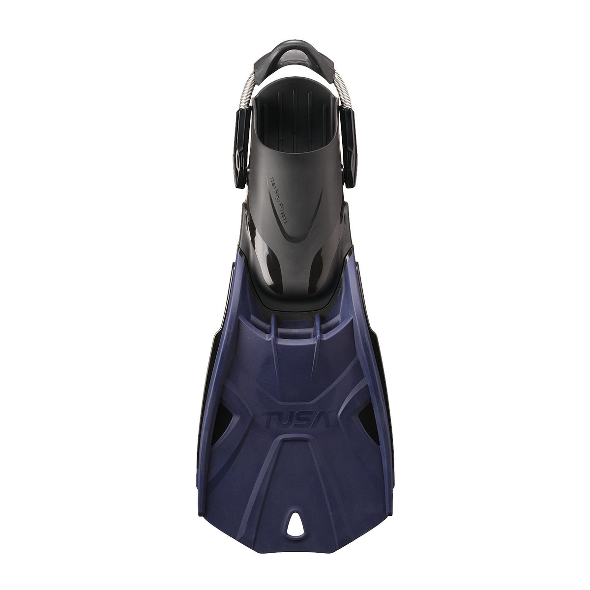 Pair of black Tusa Hyflex Tri-Force fins with short, wide blades