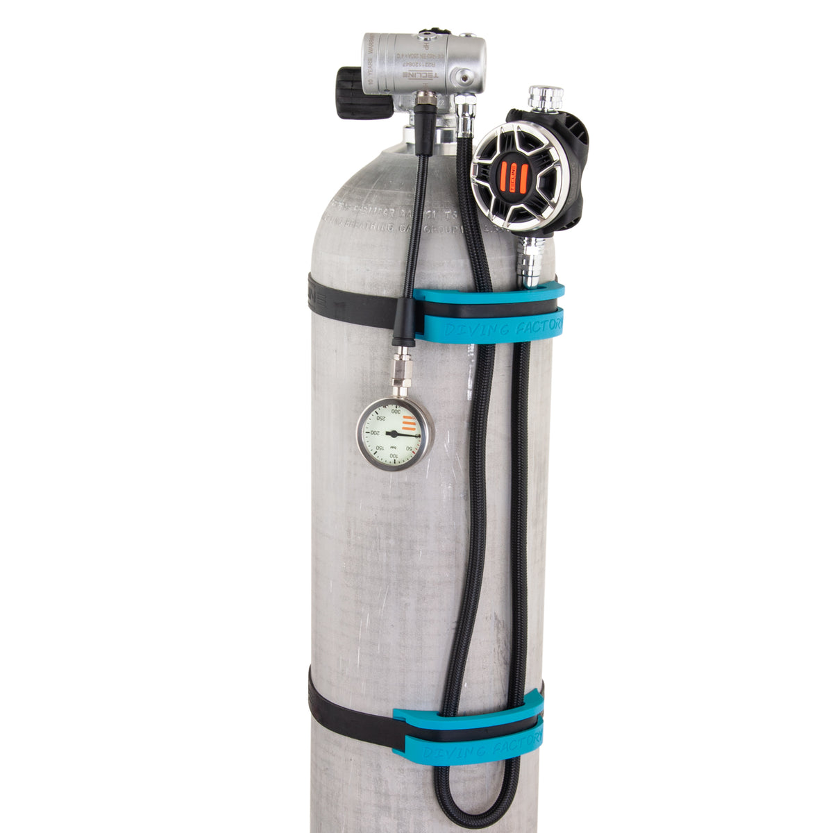 Tecline blue hose holders fitted to a stage cylinder