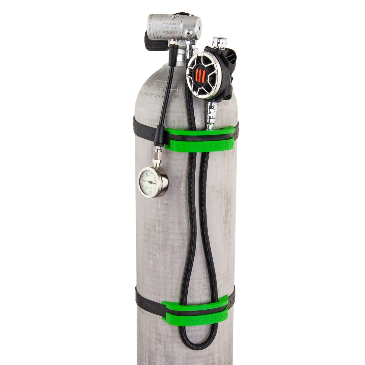 Tecline green hose holders fitted to a stage cylinder with regulator and gauge (cylinder not included)
