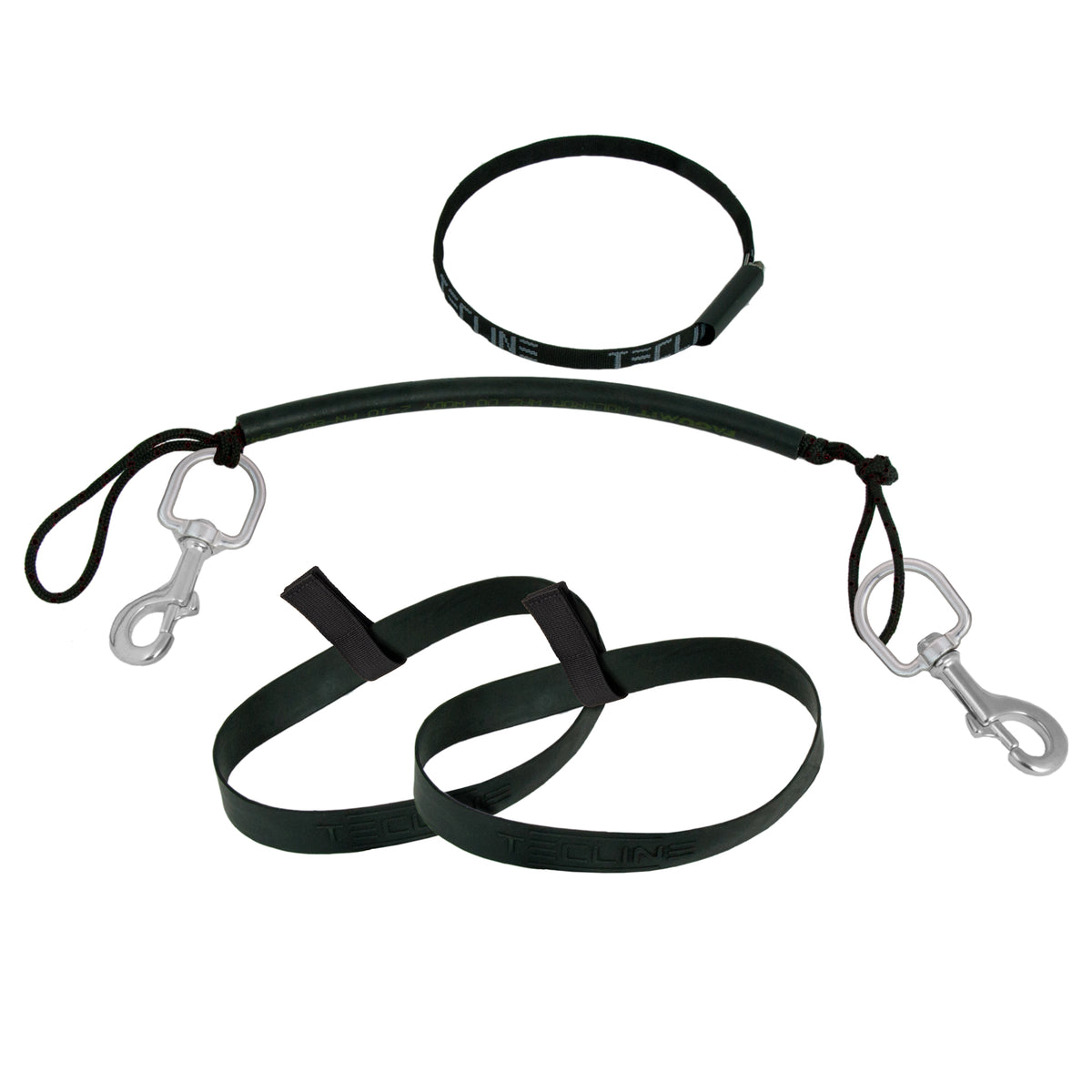 Tecline stage rigging kit with rubber bands laid out: tank band in sleeve, leash with two stainless bolt snaps and two rubber bands