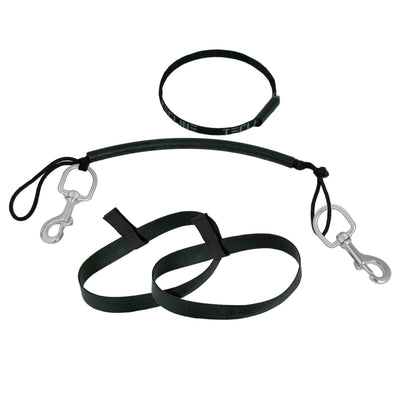 Tecline stage rigging kit with rubber bands laid out: tank band in sleeve, leash with two stainless bolt snaps and two rubber bands