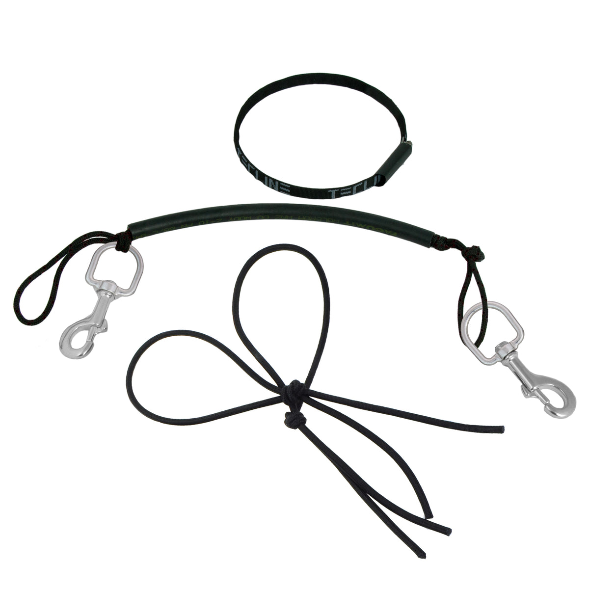 Tecline stage rigging kit with bungee laid out: tank band in sleeve, leash with two stainless bolt snaps and bungee cord