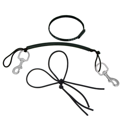 Tecline stage rigging kit with bungee laid out: tank band in sleeve, leash with two stainless bolt snaps and bungee cord