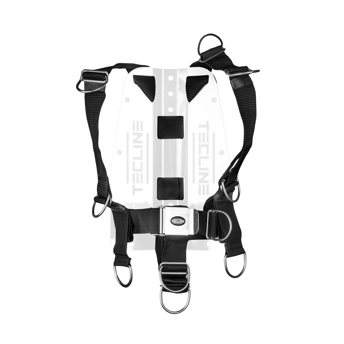 Tecline Comfort Eco adjustable harness without shoulder pads, shown on a backplate
