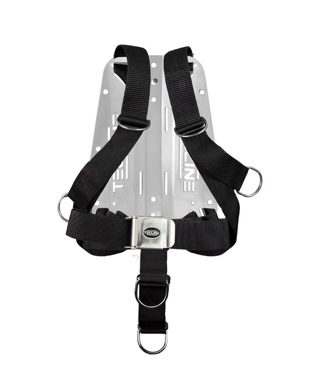 Tecline Comfort Eco harness without shoulder pads on a 3 mm stainless steel backplate