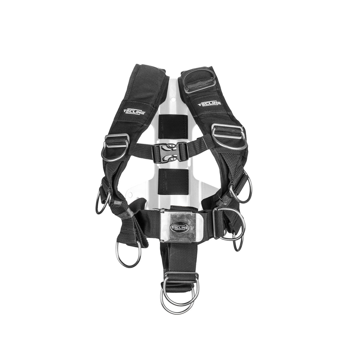 Tecline Comfort MINI adjustable harness with shoulder pads, fitted to a small backplate