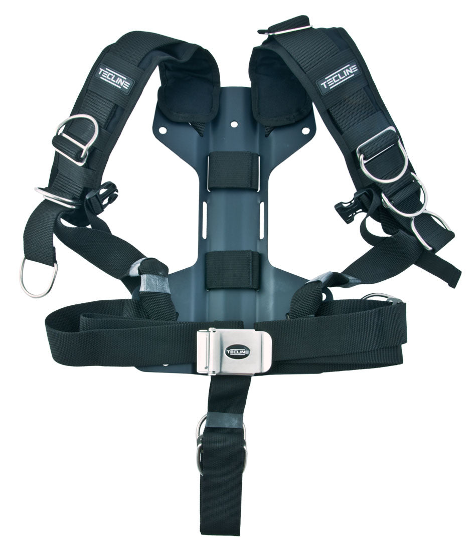 Tecline Comfort MINI harness on a black aluminium H MINI backplate