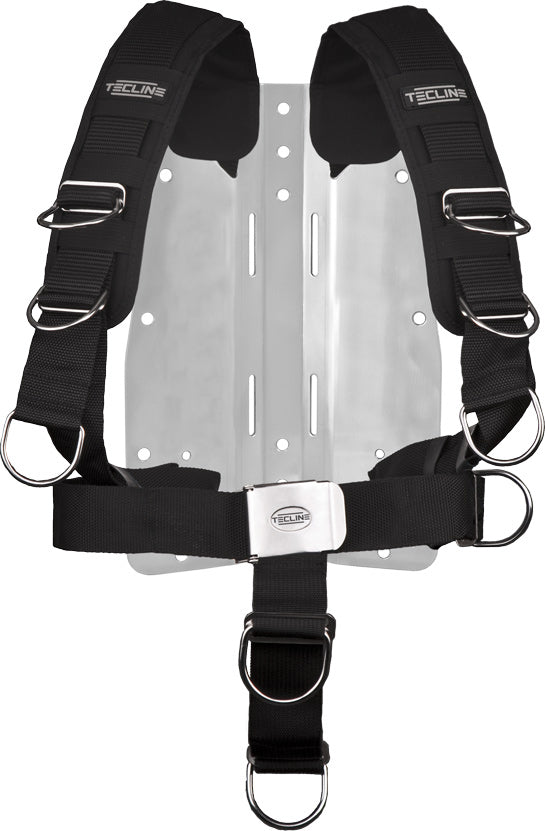 Tecline Comfort harness on a 3 mm stainless steel backplate with the Tecline logo, front view