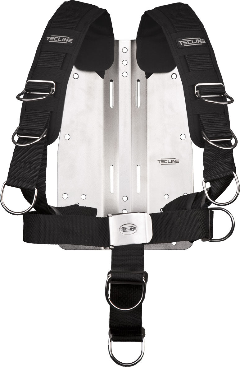 Tecline Comfort harness with soft shoulder pads on a 6 mm stainless steel backplate