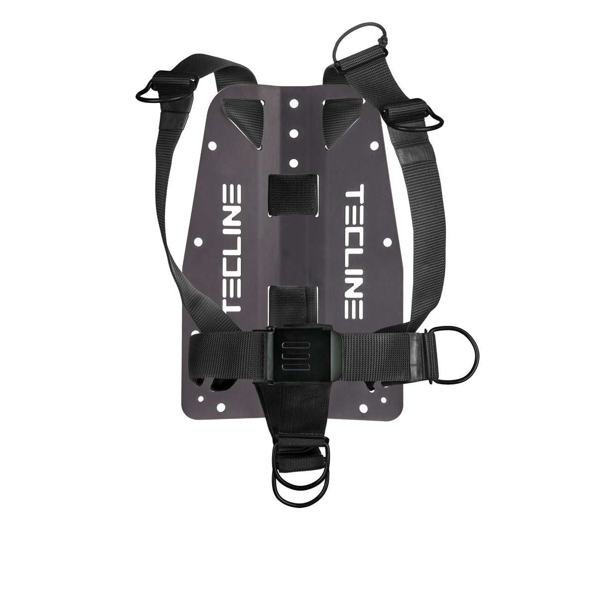 Tecline DIR harness Military Line with black hardware, shown on a black backplate