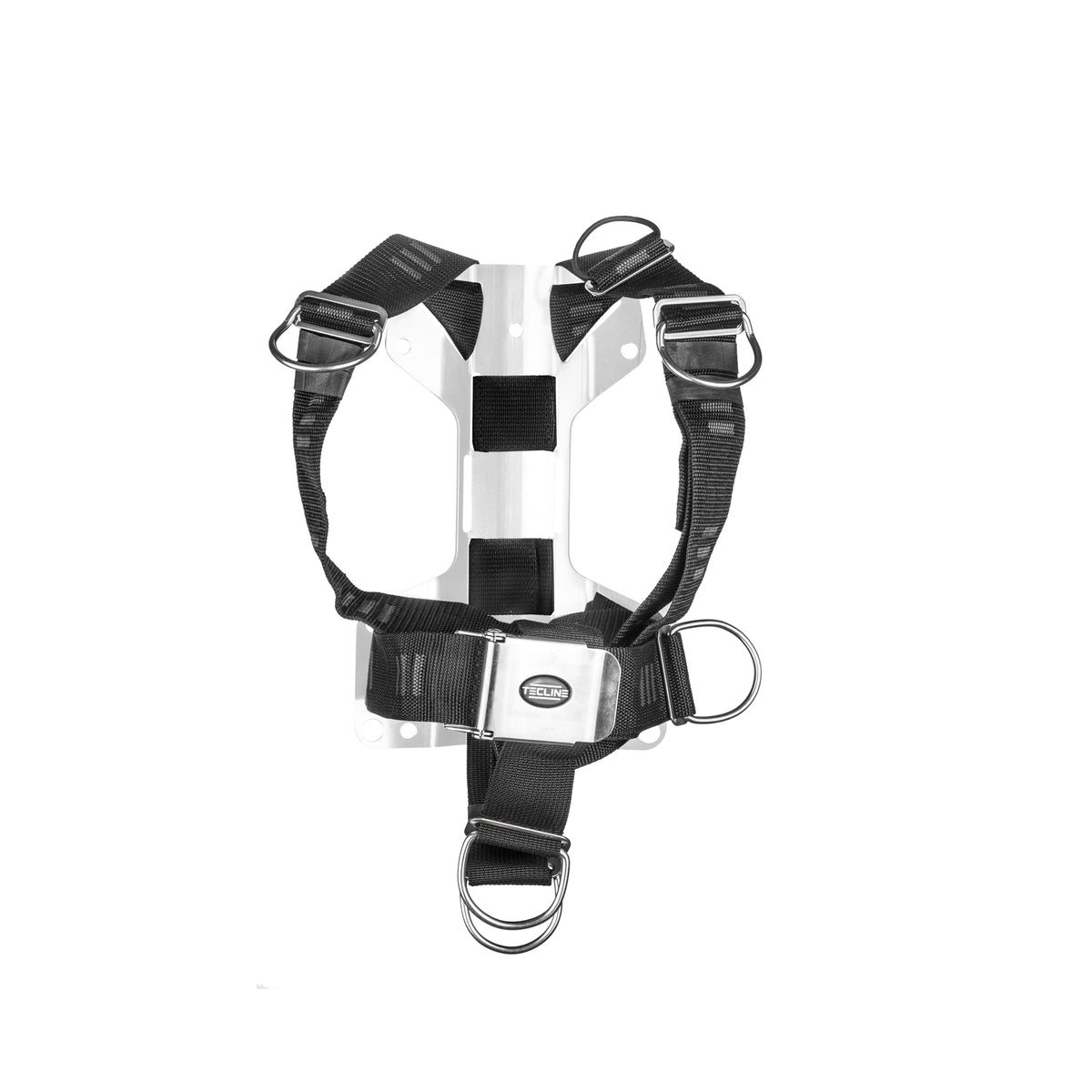 Tecline DIR MINI one-piece harness in soft webbing, fitted to a small backplate