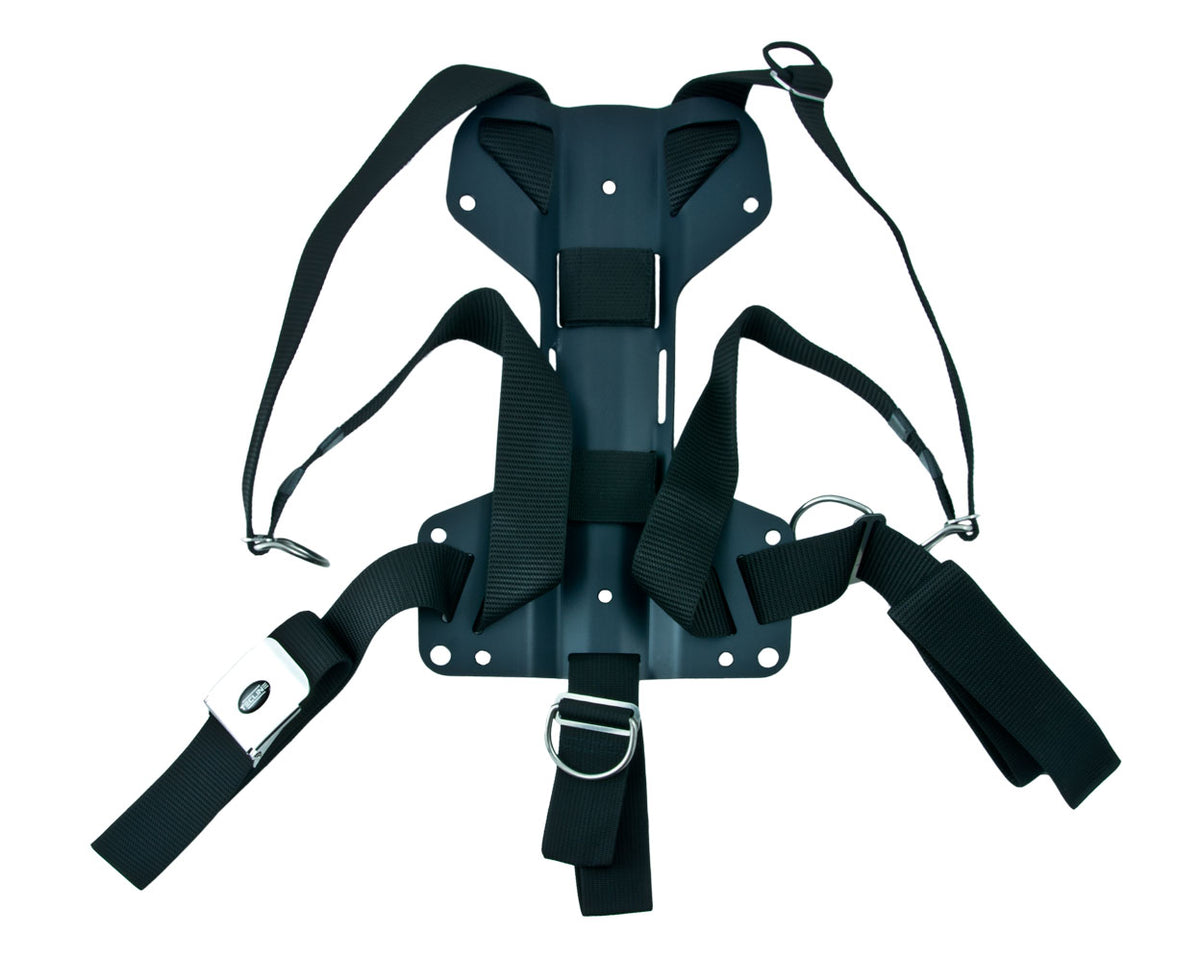 Tecline DIR MINI harness on a small black aluminium H MINI backplate