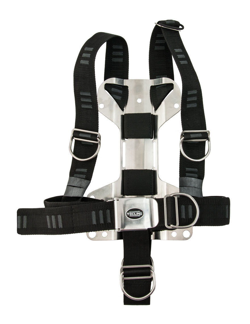 Tecline DIR MINI harness in soft webbing on a small stainless steel H MINI backplate