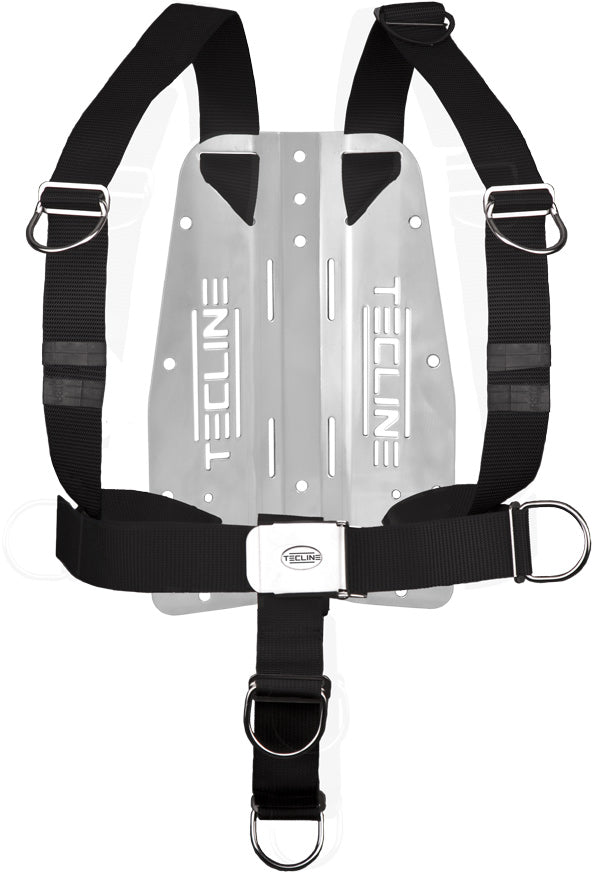 Front view of a Tecline DIR harness fitted to a stainless steel backplate
