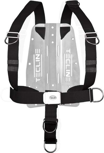 Tecline DIR harness in standard webbing on a 3 mm stainless steel backplate with the Tecline logo