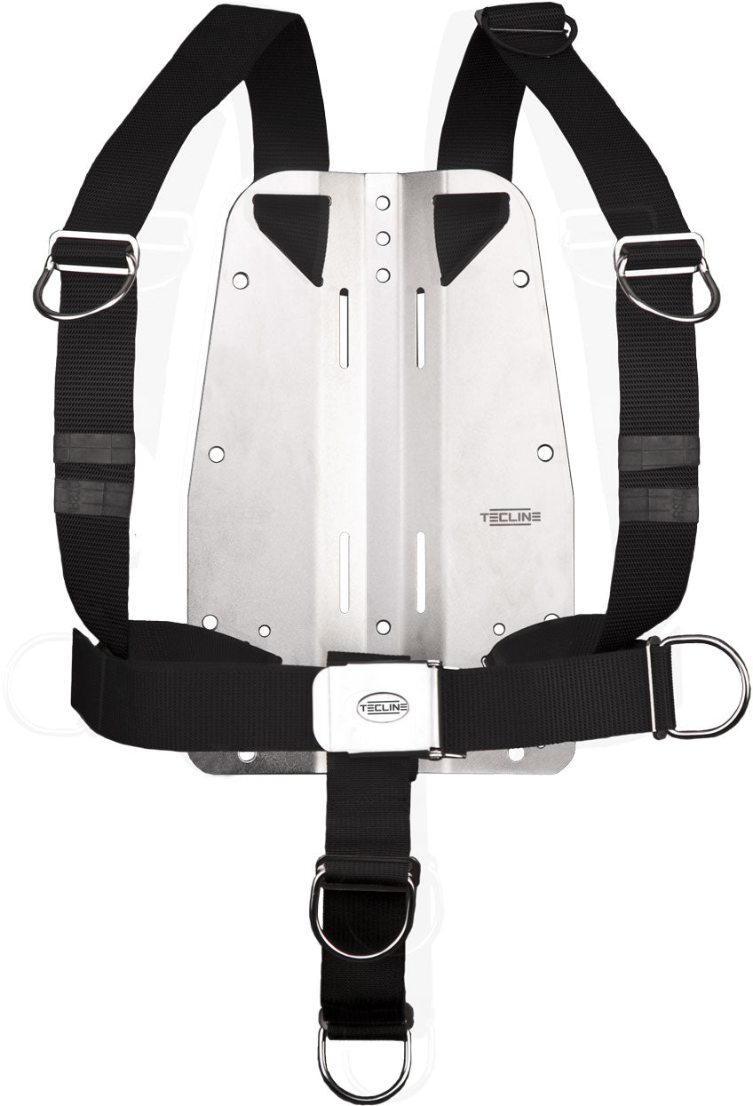 Tecline DIR harness in standard webbing on a 3 mm stainless steel backplate with the Tecline logo