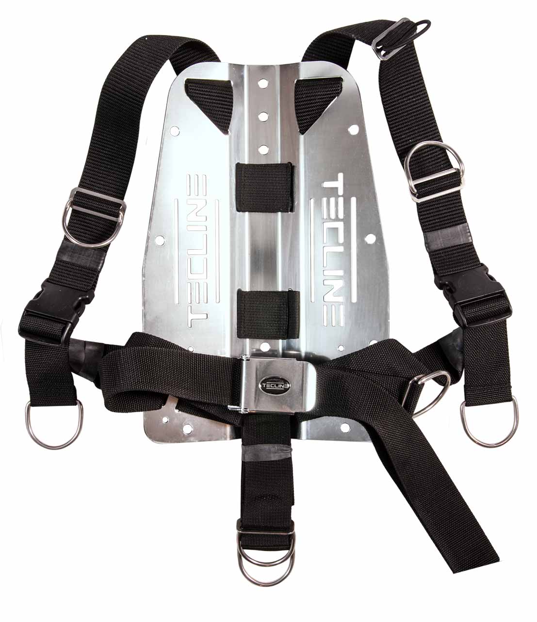 Tecline QR harness with quick-release shoulder buckles on a Tecline backplate, front view