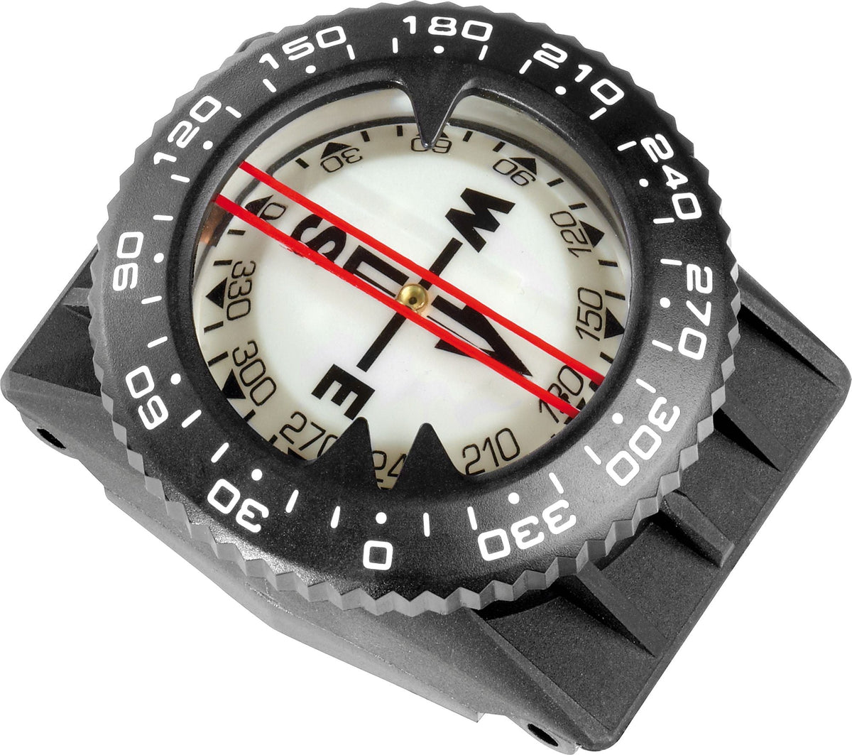 Cressi dive compass mounted on a wrist strap, bezel and lubber line facing up