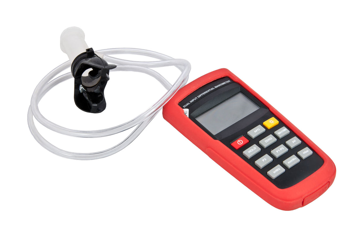Tecline breathing resistance test unit: red handheld digital manometer, clear tube and black mouthpiece adapter