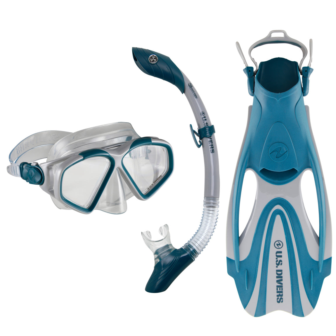 U.S. Divers Cozumel TX II set in grey and navy: two window mask, dry snorkel and open heel fins