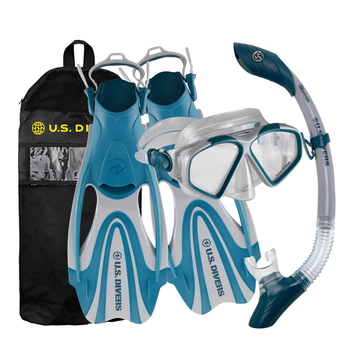 U.S. Divers Cozumel TX II set in grey and navy: two window mask, dry snorkel and open heel fins