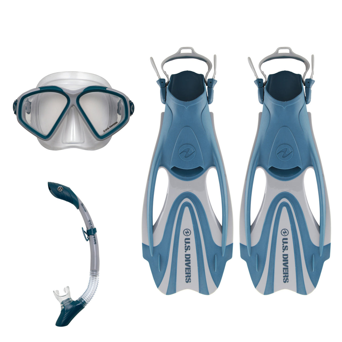 U.S. Divers Cozumel TX mask, Island Dry snorkel and Proflex FX fins, all in grey and navy